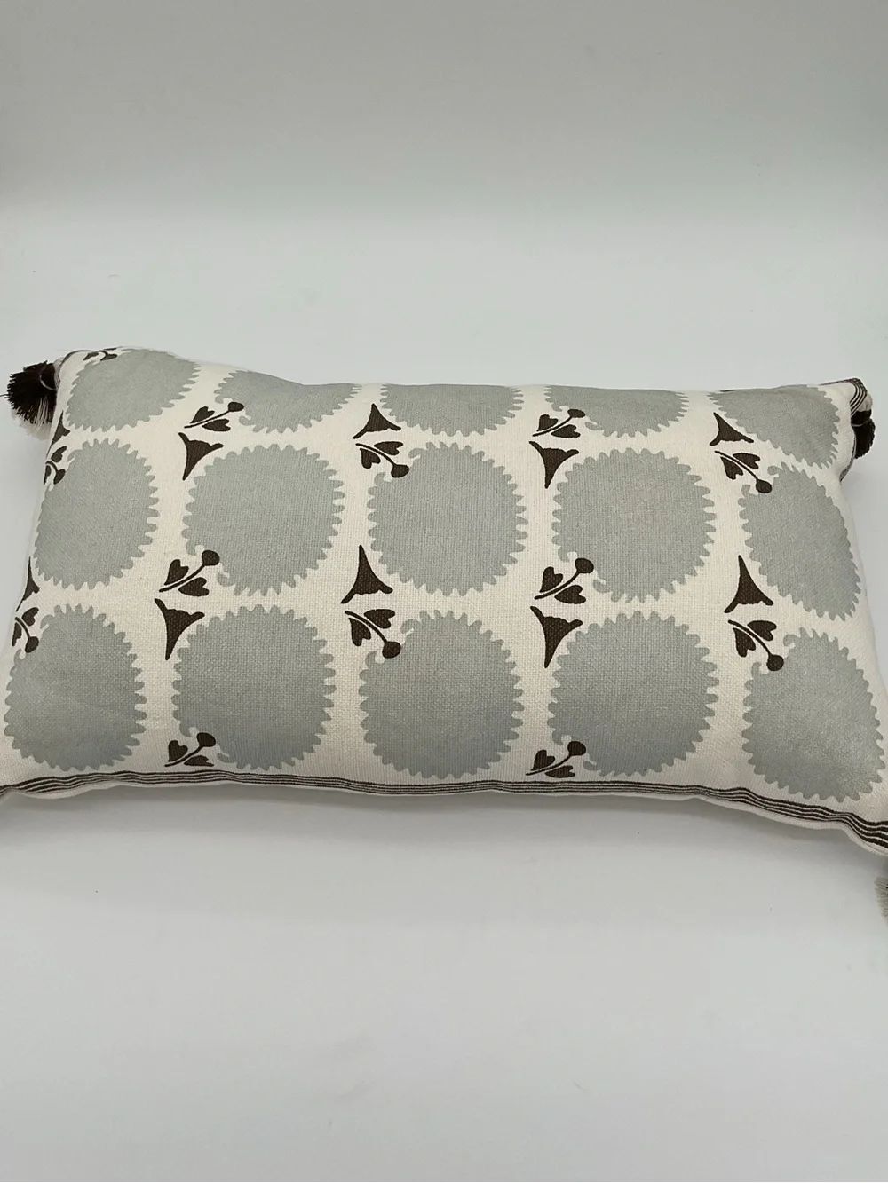 Serena & Lily Cream Lumbar Pillow with Light Gray Medallions and Brown Accents